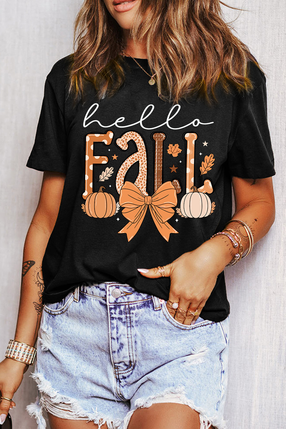 Hello Fall Thanksgiving Bow Pumpkin Graphic Tee