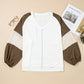 Colorblock Lace Patchwork Balloon Sleeve V Neck Plus Size Blouse