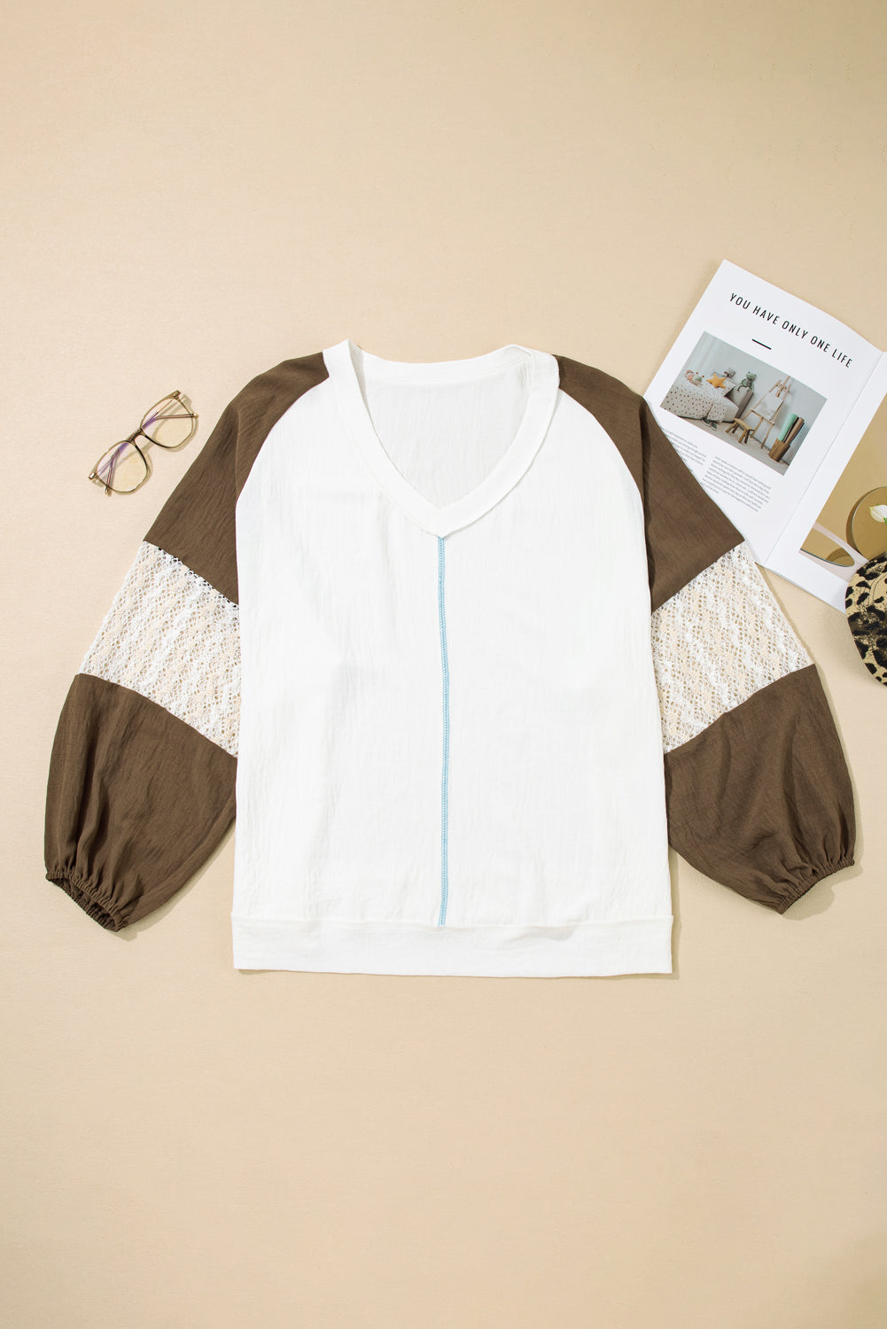 Colorblock Lace Patchwork Balloon Sleeve V Neck Plus Size Blouse