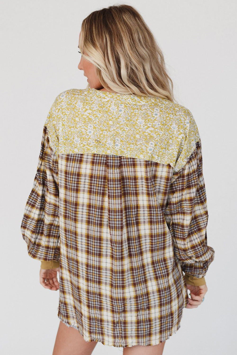 Plaid Mixed Print Bishop Sleeve Patchwork Top