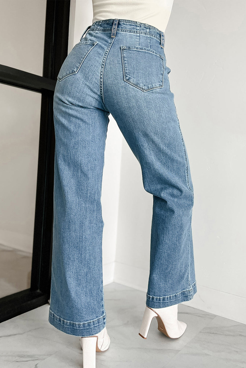 Wash Buttons Straight Wide Leg Jeans