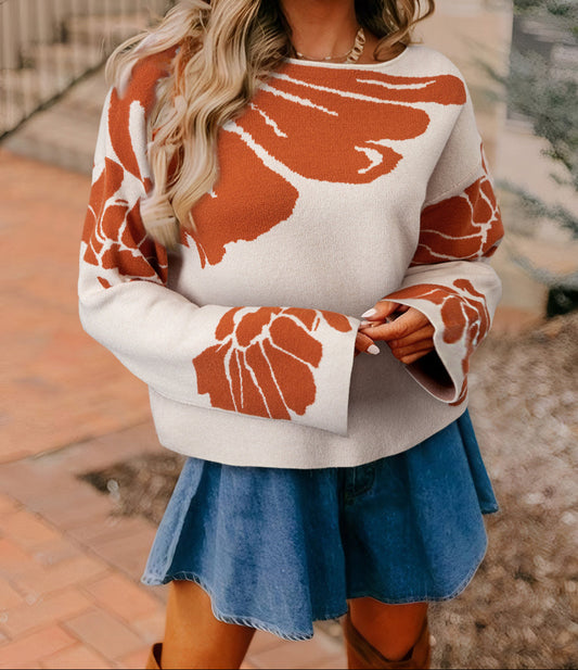 Bold Flower Pattern Wide Sleeve Baggy Sweater