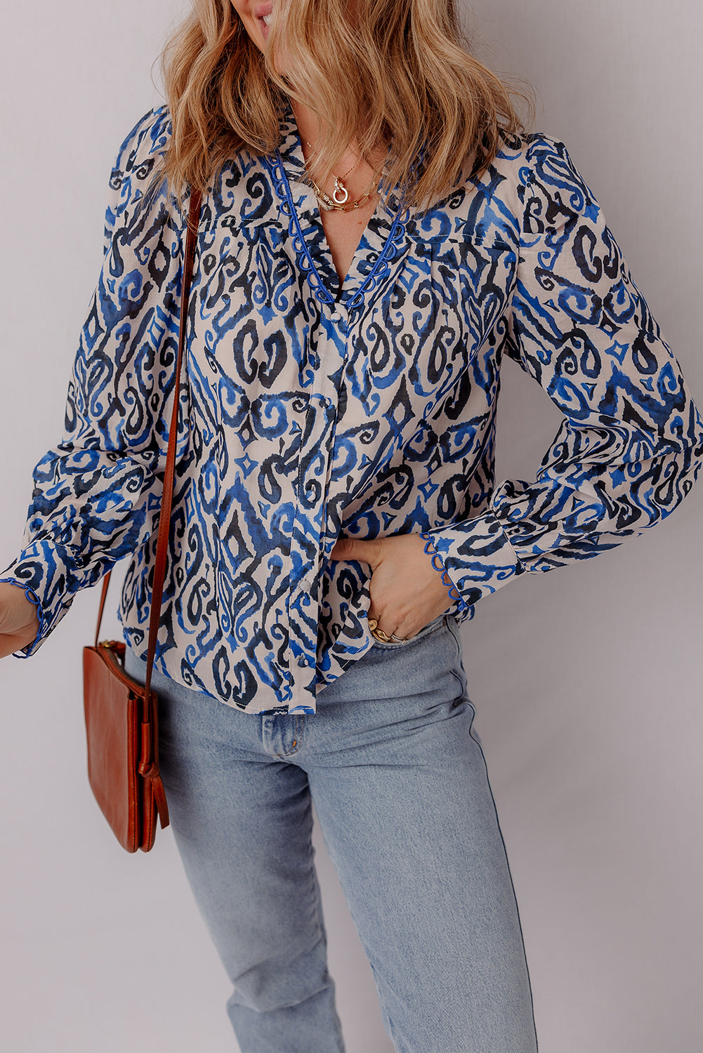Bohemian Print Embroidered V Neckline Detail Long Sleeve Shirt