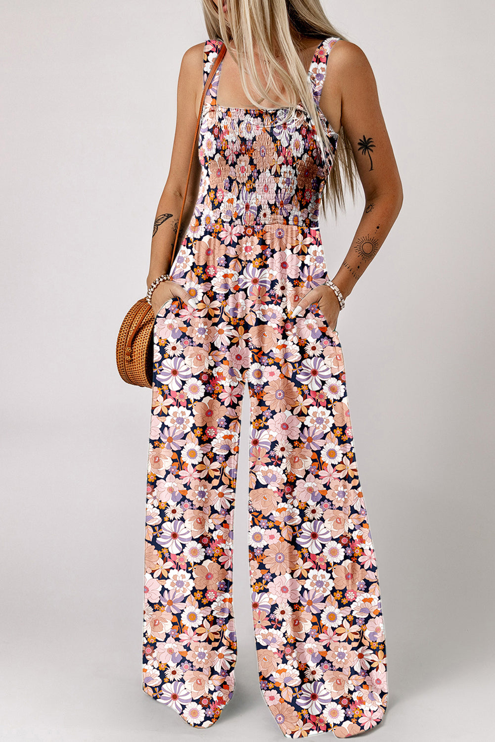 Floral Print Smocked High Waist Square Neck Jumpsuit