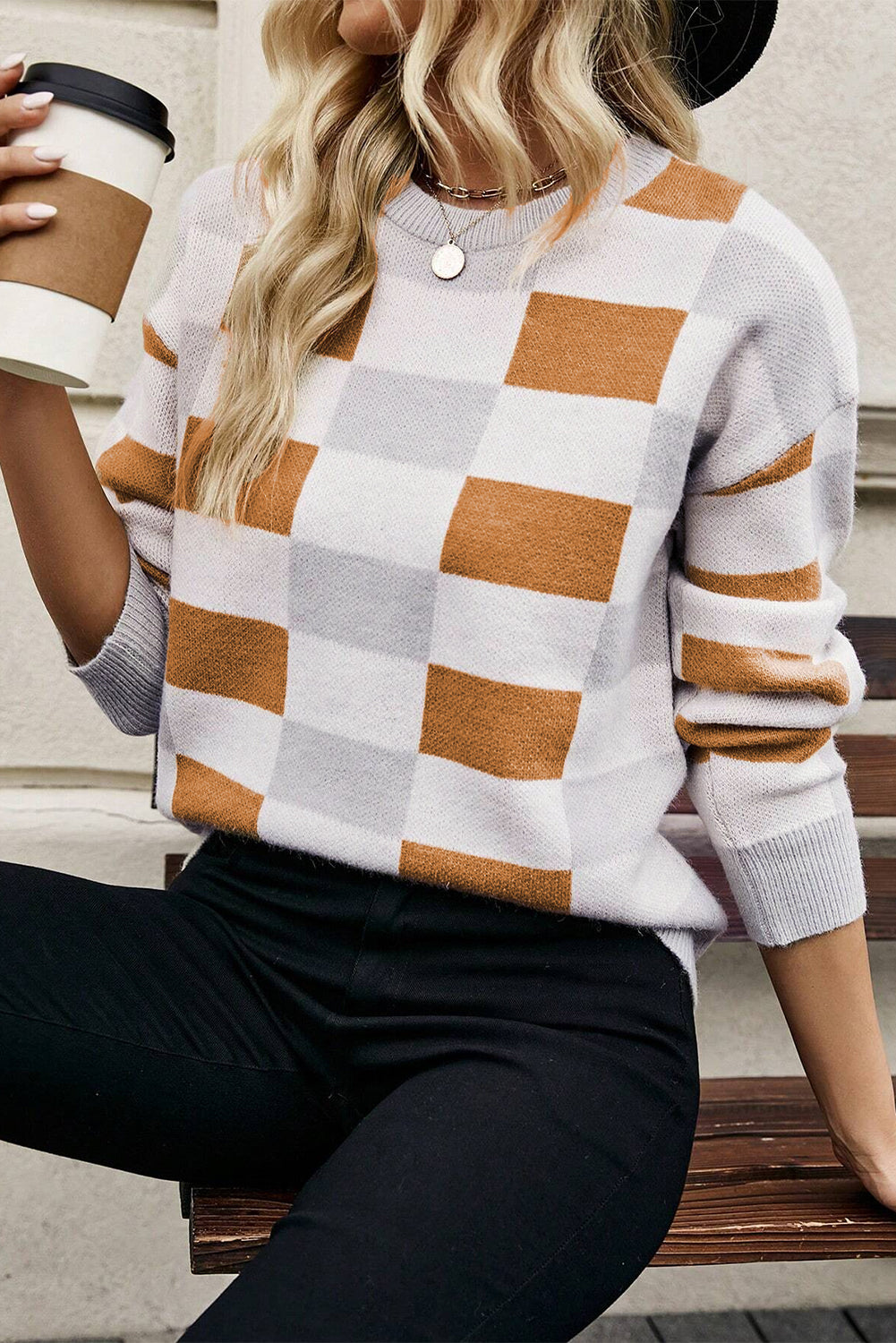 Checkered Ribbed Edge Sweater