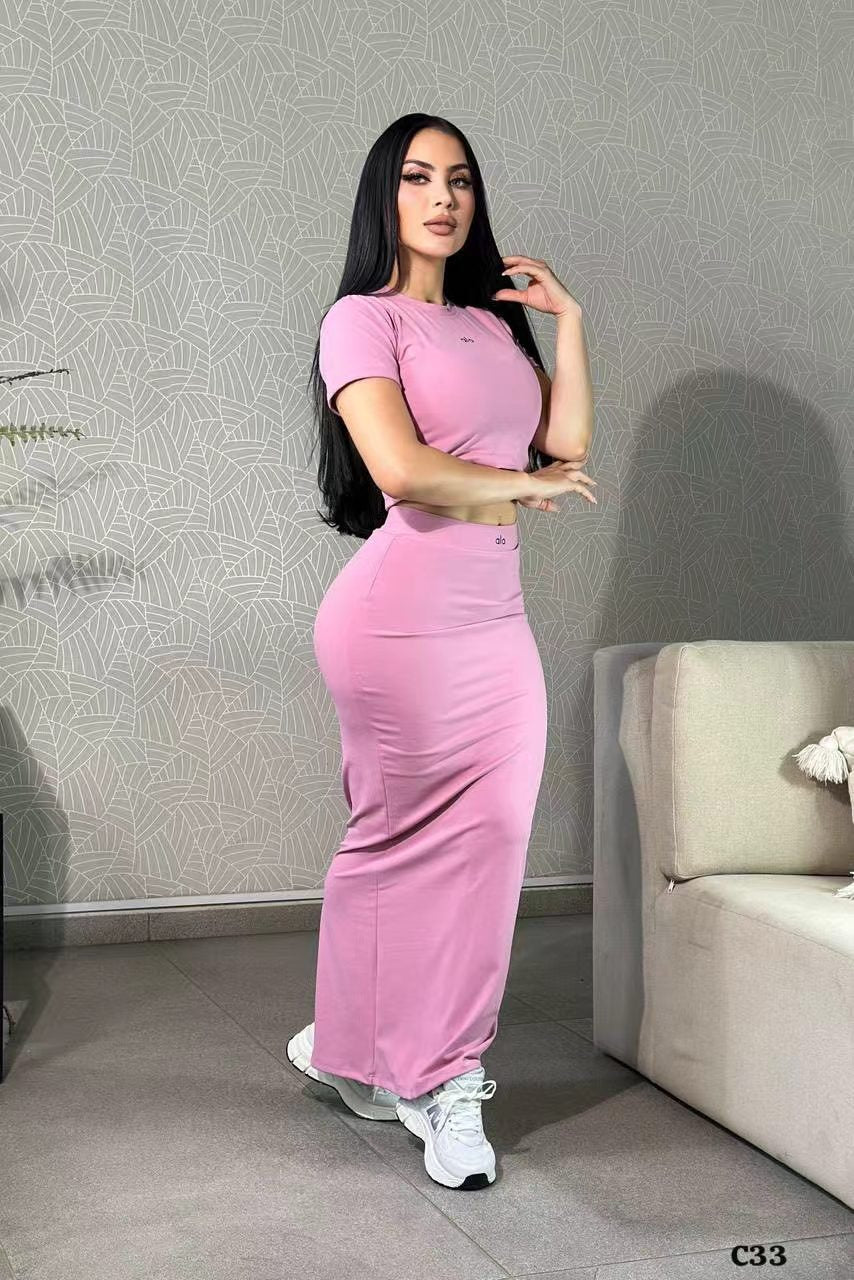 A-Short-sleeve top and maxi skirt set（Q6374）