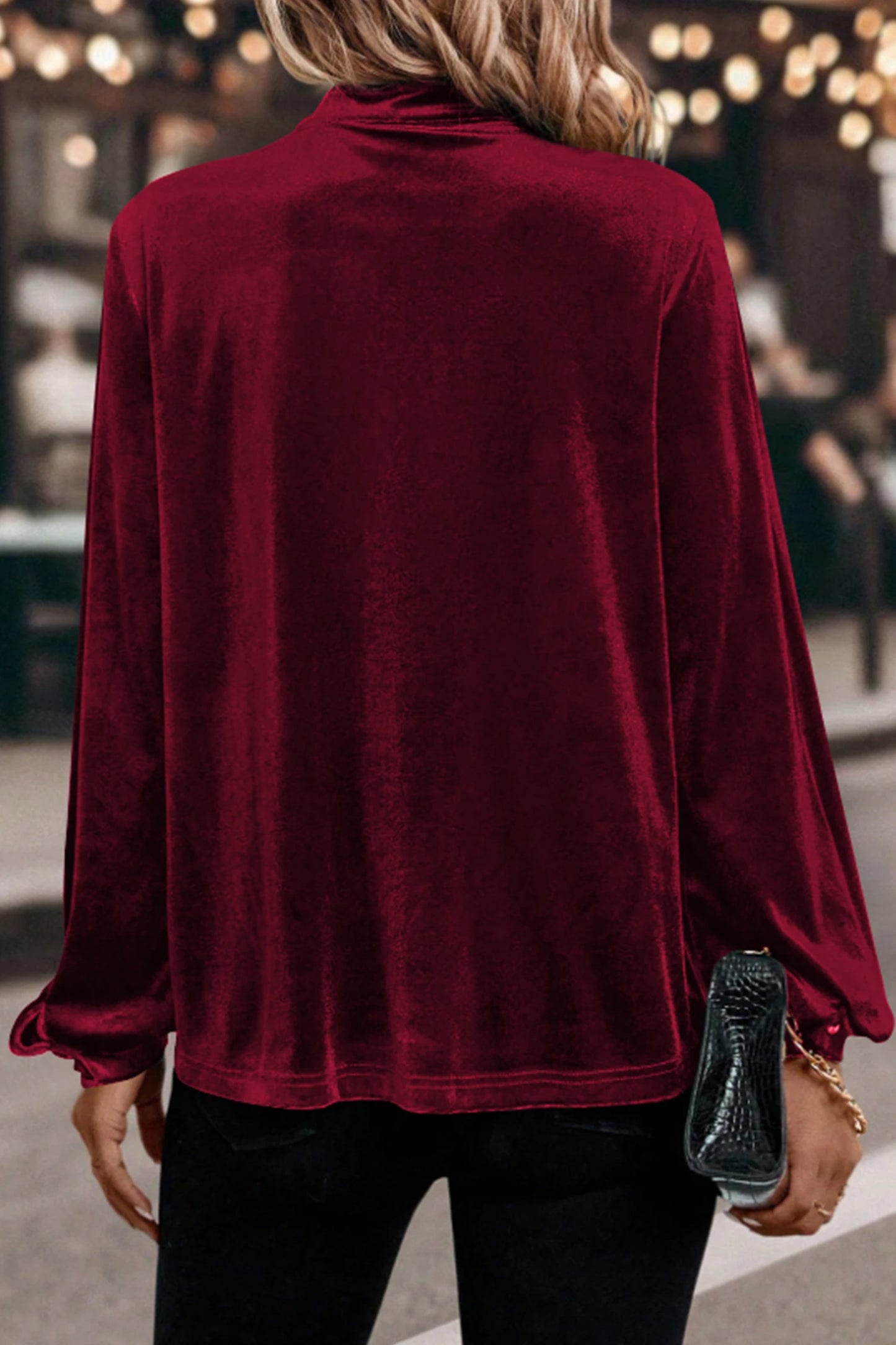 Keyhole Neck Long Sleeve Velvet Blouse