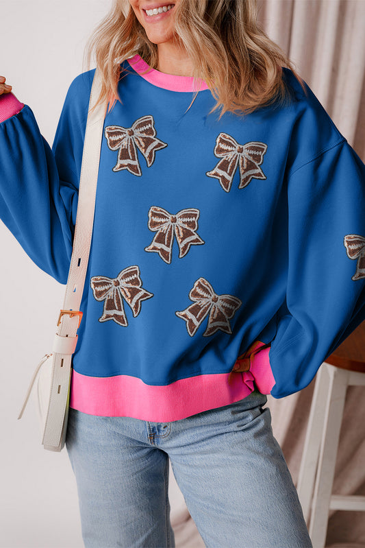 Colorblock Patchwork Sequin Rugby Bow Patched Puff Sleeve Sweatshirt