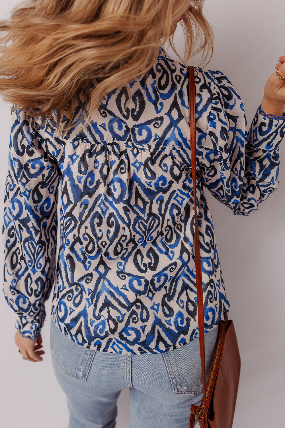 Bohemian Print Embroidered V Neckline Detail Long Sleeve Shirt
