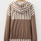 Waffle Texture Striped Patchwork Button Neck Drawstring Hoodie