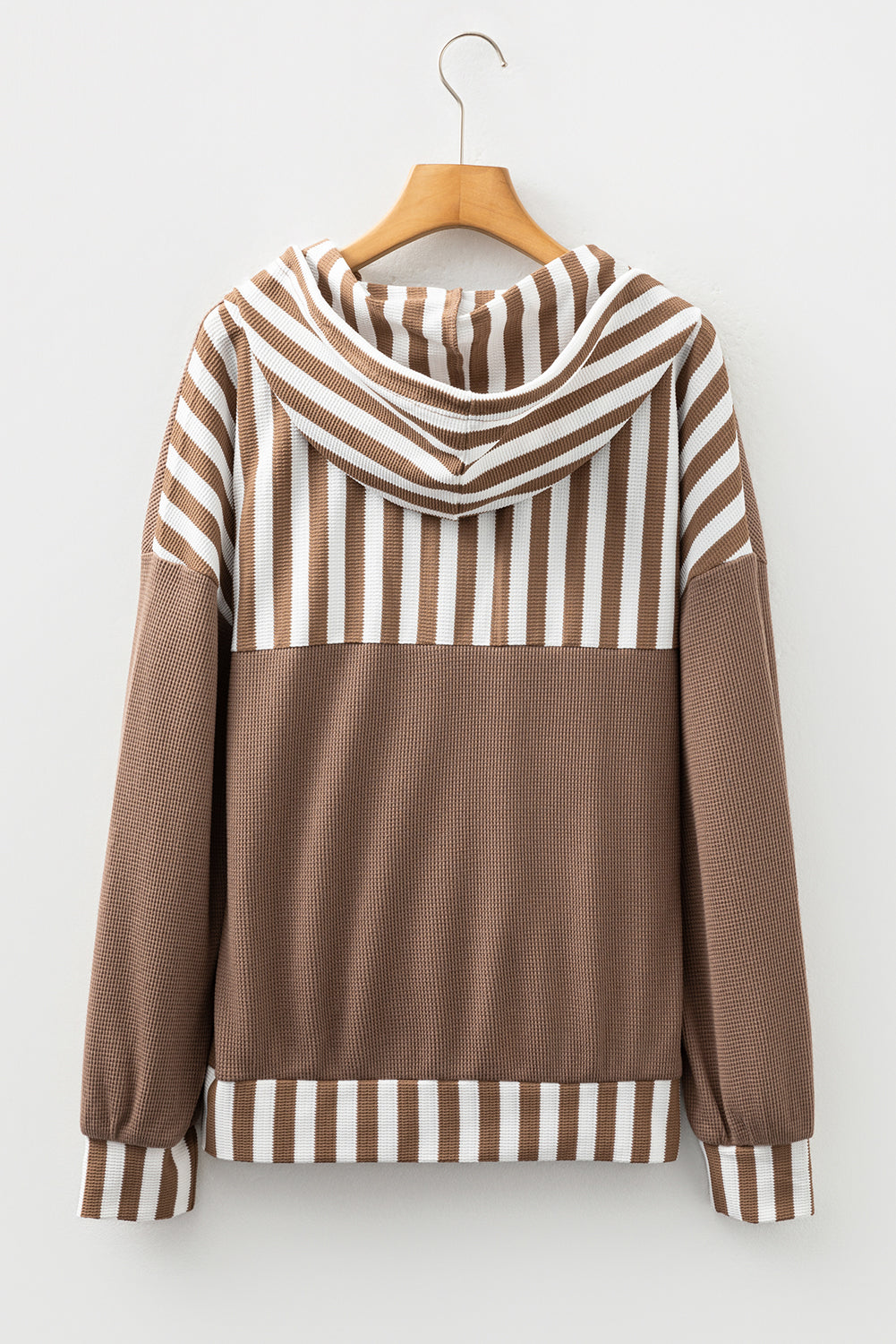 Waffle Texture Striped Patchwork Button Neck Drawstring Hoodie