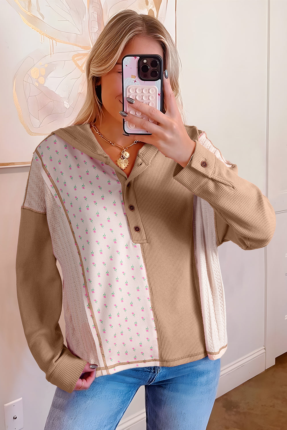 Mixed Texture Waffle Floral Patchwork Hooded Oversize Pullover