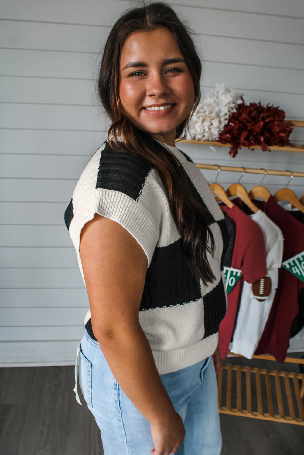 Checkered Short Sleeve Sweater