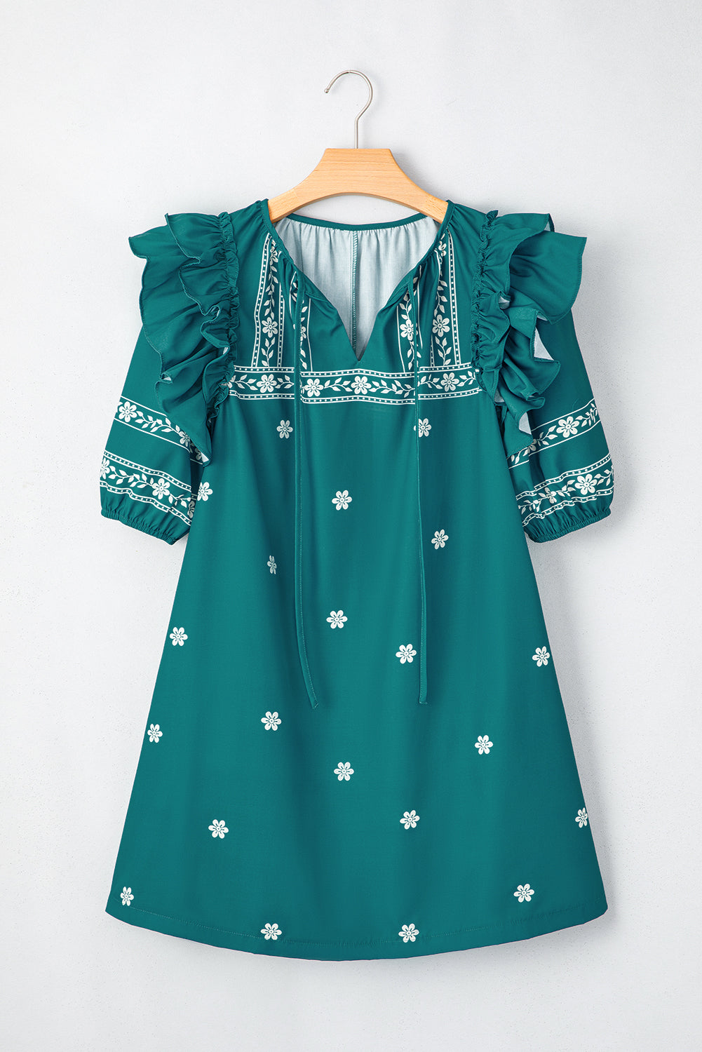 Boho Floral Ruffle Puff Sleeve Lace-up V Neck Mini Dress