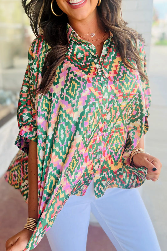 Abstract Print Half Sleeve Button up Loose Shirt