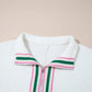 Contrast Striped Collar Patchwork Textured Half Sleeve Blouse