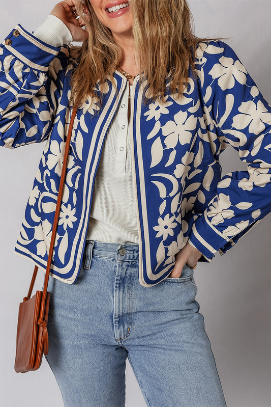 Flower Print Open Front Buttoned Cuffs Elegant Jacket