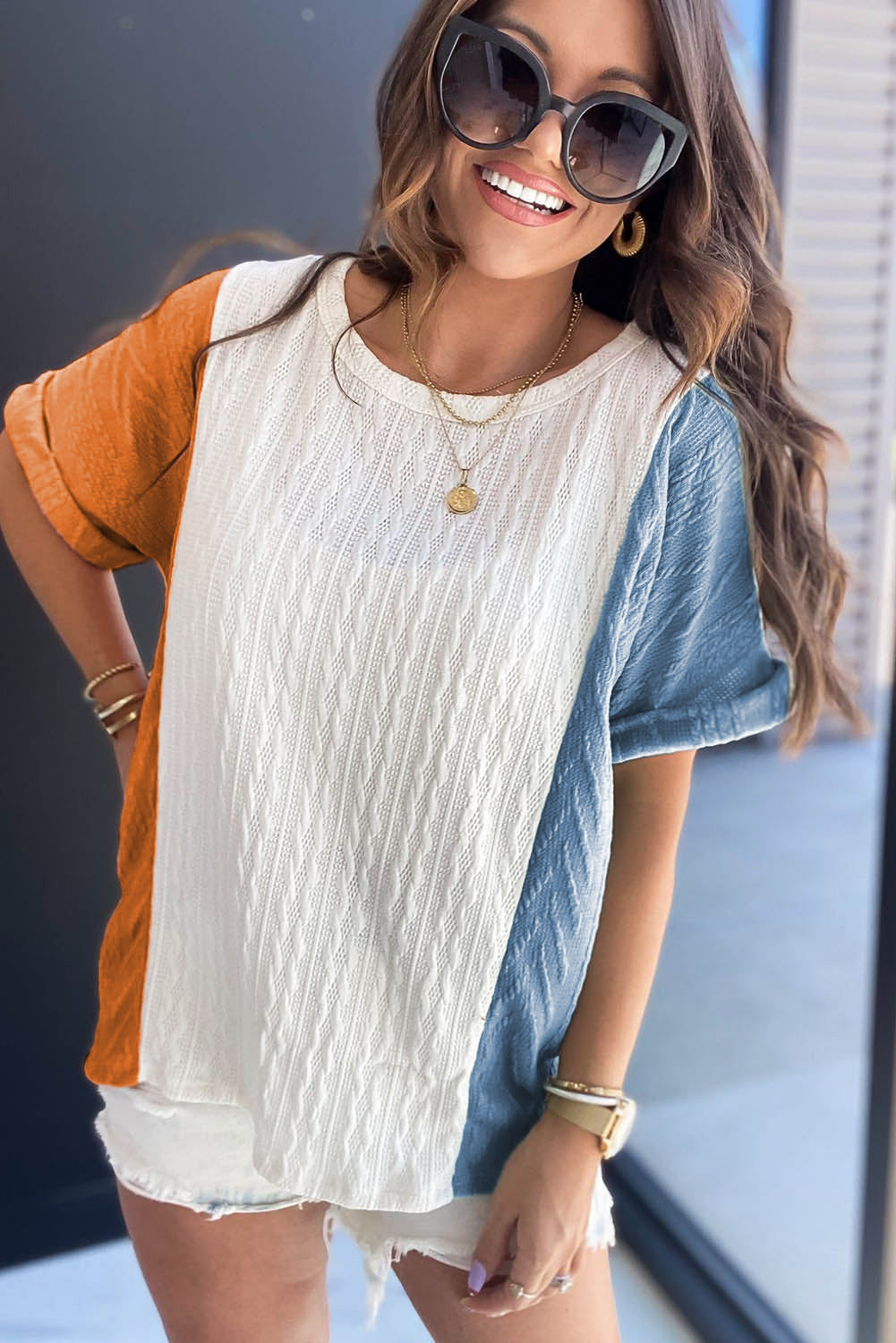 Textured Color Block Loose Fit T Shirt