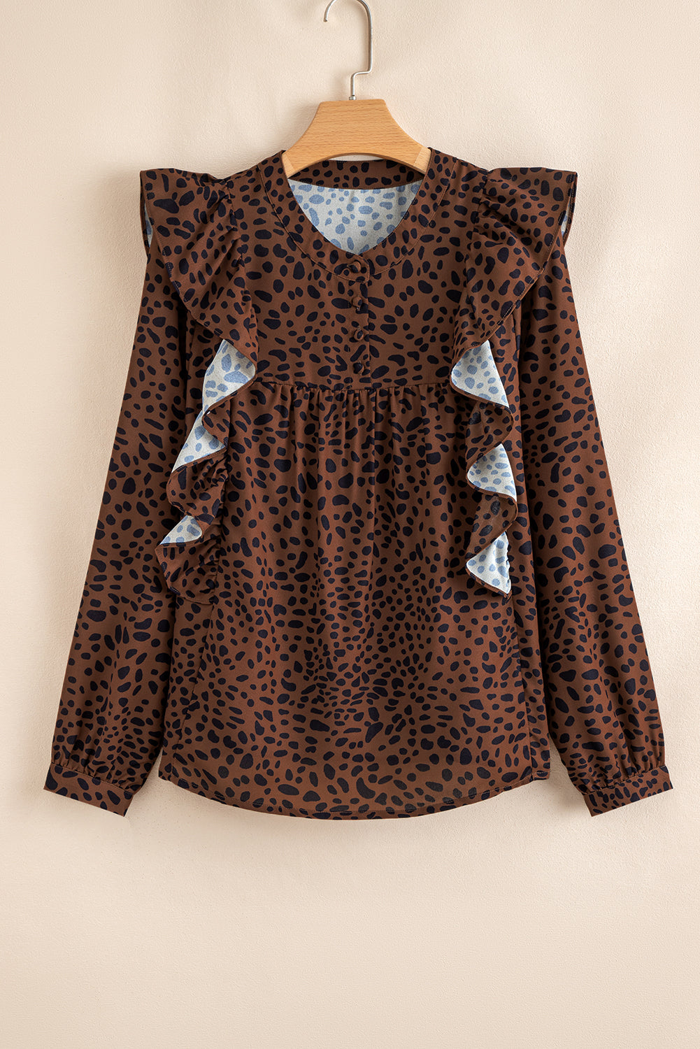 Leopard Print Ruffled Puff Sleeve Blouse