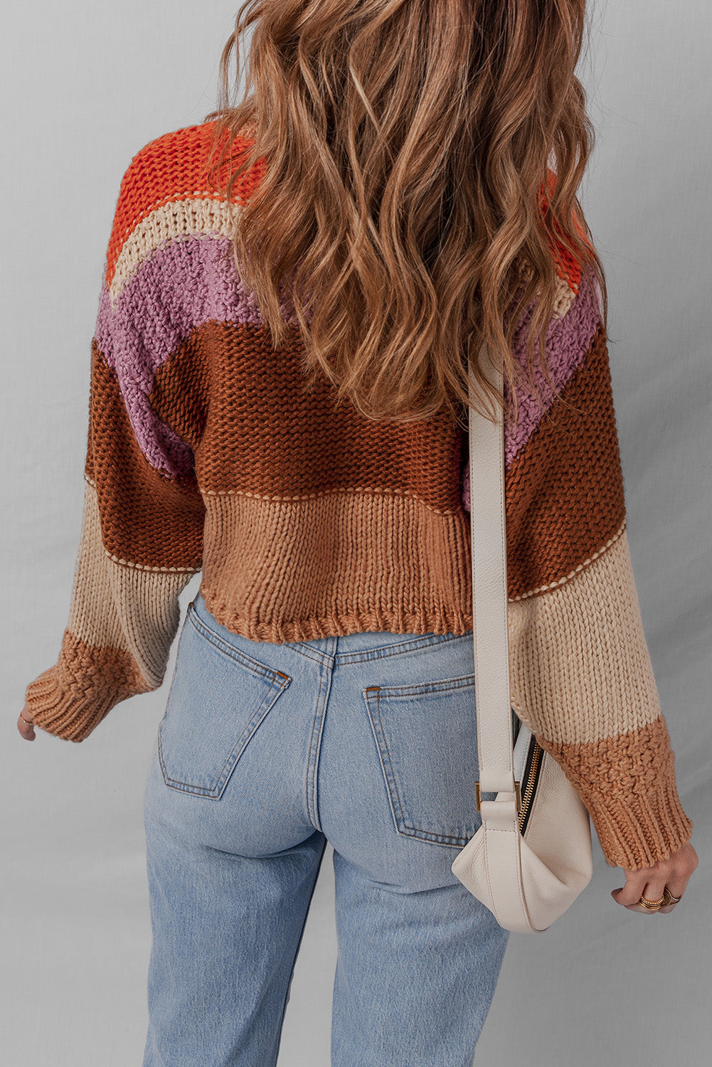 Cropped Colorblock Drop Shoulder Knitted Sweater