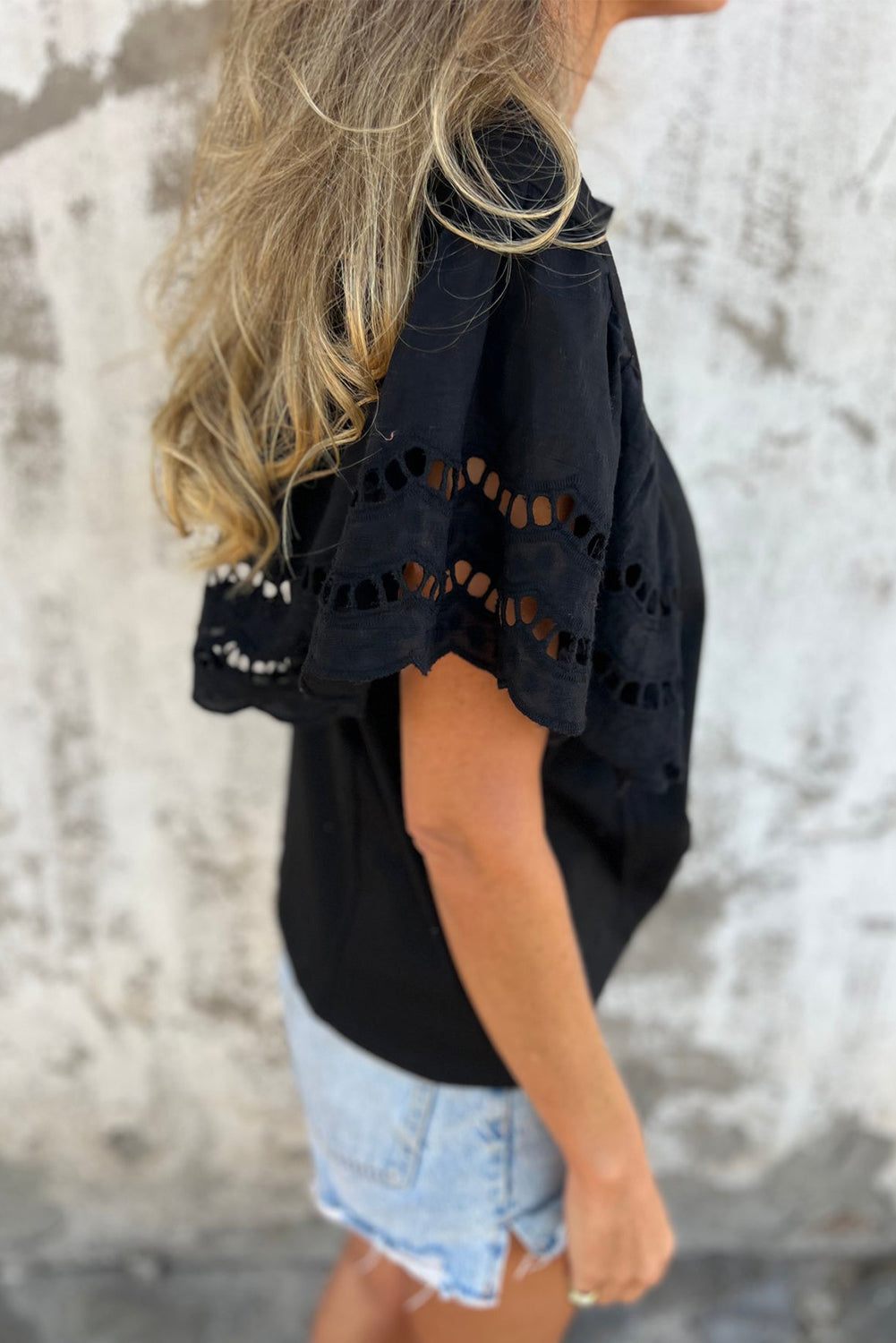 Hollow Out Embroidered Short Sleeve O Neck Top