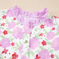 Floral Print Striped Trim Frilled Neck 3/4 Sleeve Flared Mini Dress