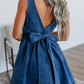 Square Neck Bowknot A-line Sleeveless Denim Dress