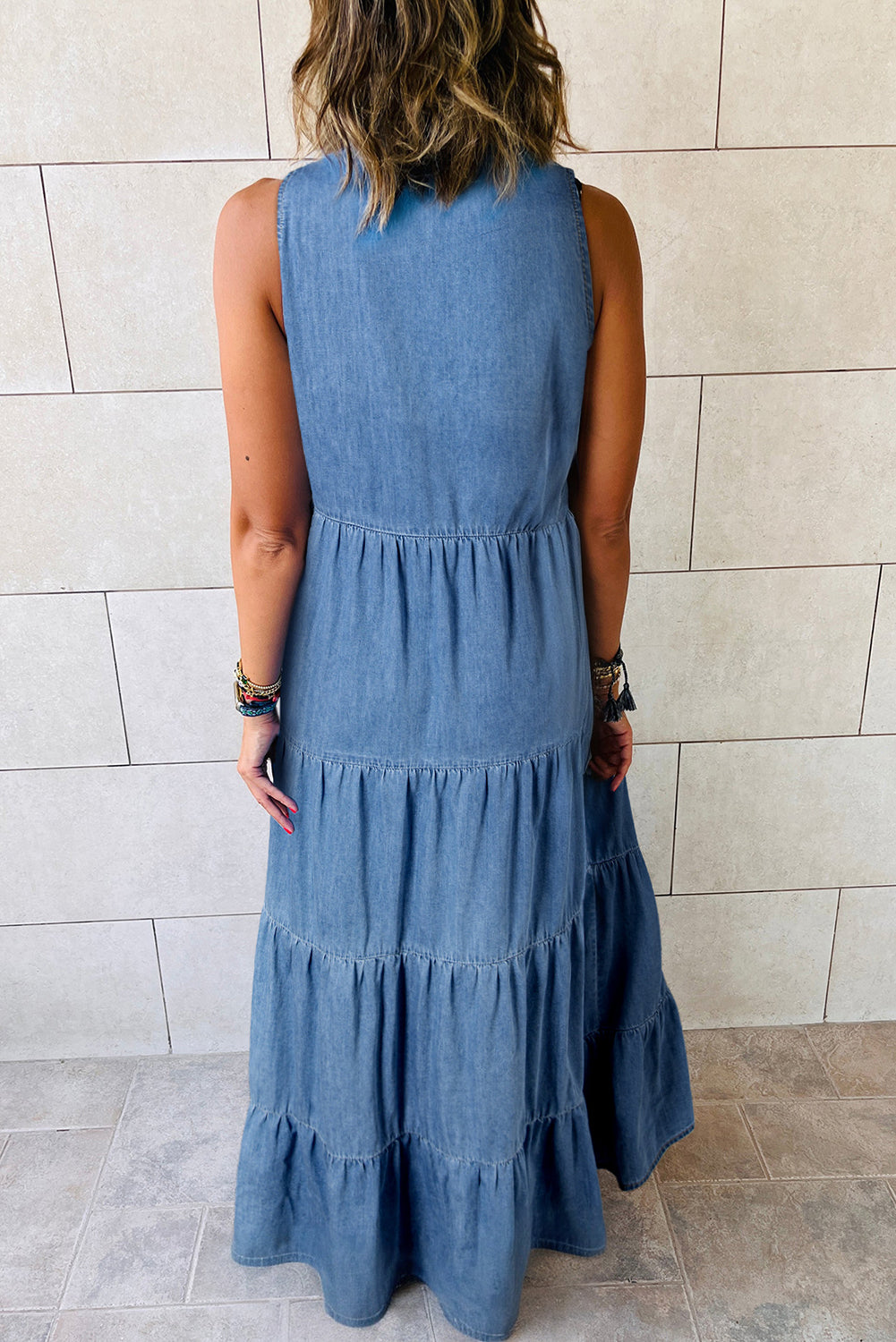 Sleeveless Tiered Chambray Maxi Dress