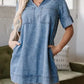 Short Sleeve Collared Patched Pocket Denim Mini Dress