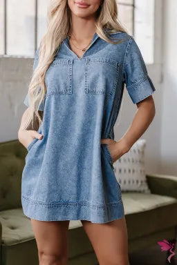 Short Sleeve Collared Patched Pocket Denim Mini Dress