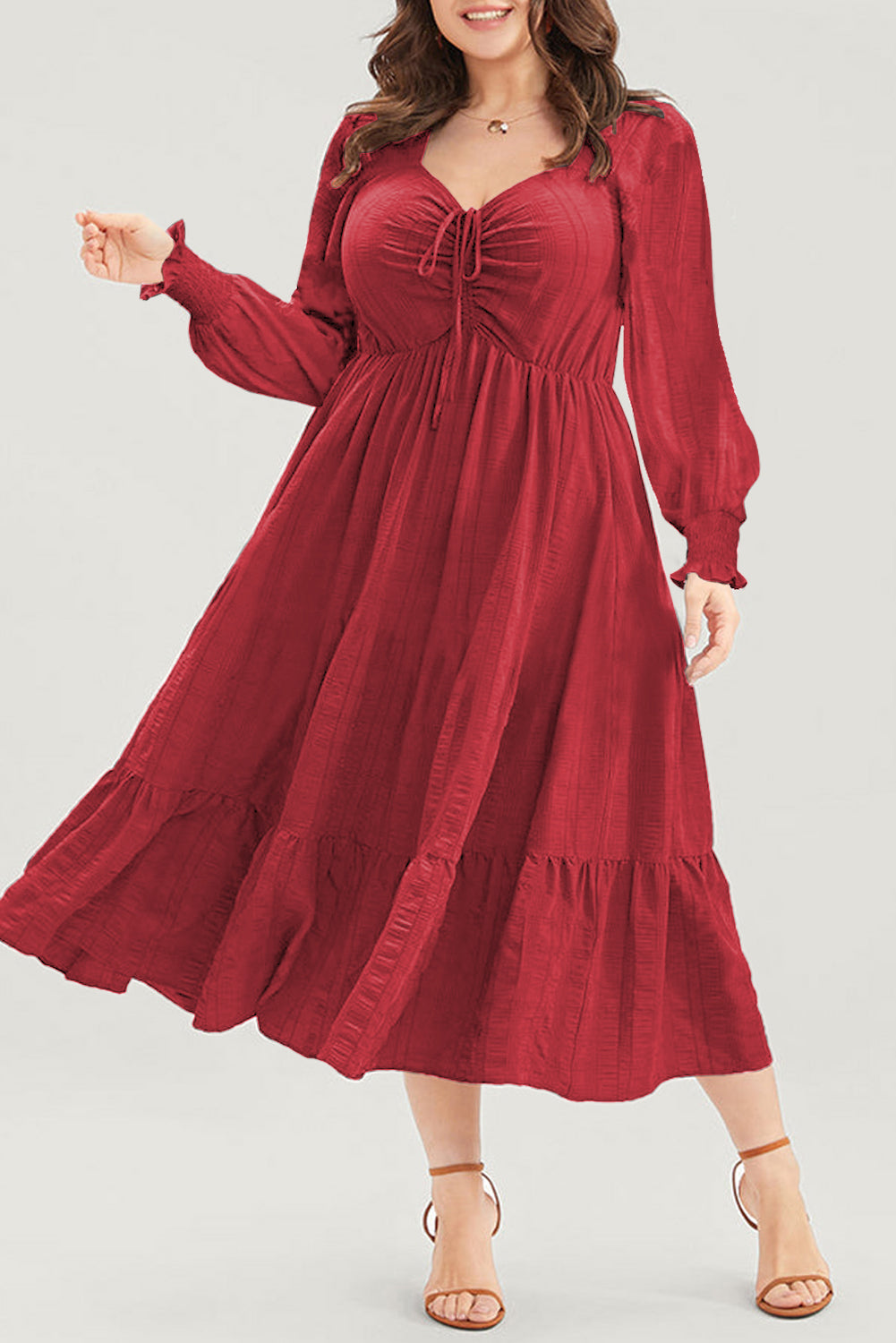 Lace-up Ruched Front Long Sleeve Ruffle Hem Plus Size Midi Dress