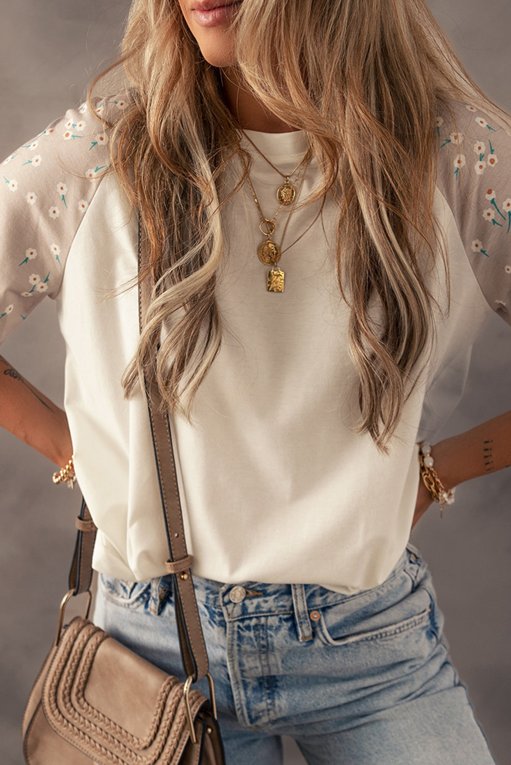 Floral Print Color Block Raglan Sleeve T Shirt