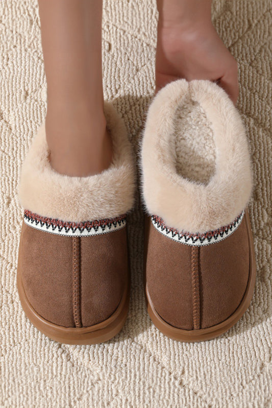 Western Woven Detail Faux Suede Furry Home Slippers