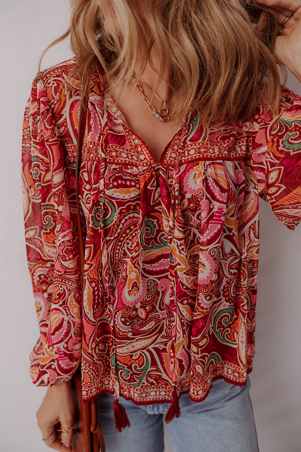 Ethnic Paisley Print Tassel Tie Puff Sleeve Boho Blouse