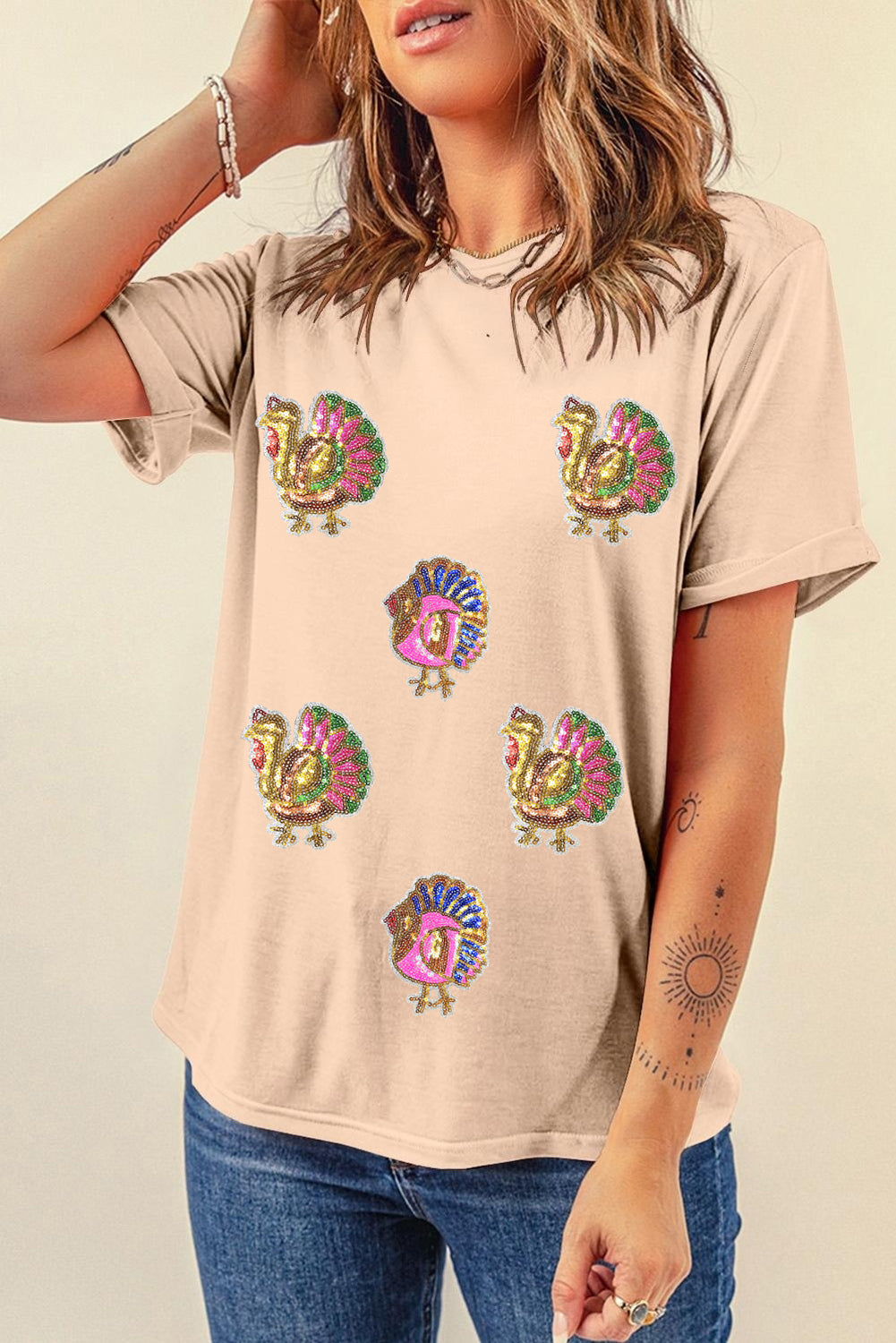 Sequin Turkey Patched Thanksgiving Graphic Tee