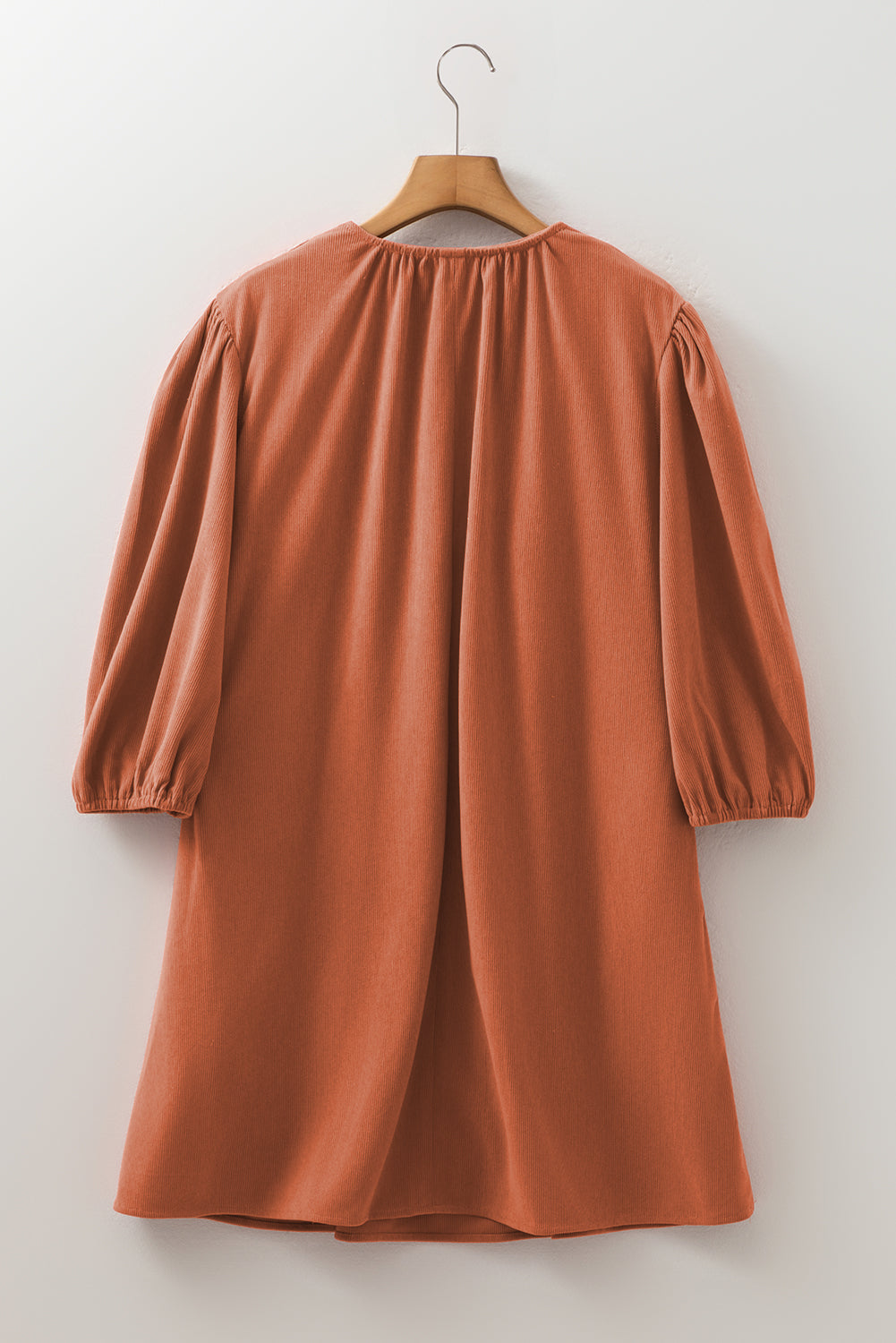 Bracelet Sleeve Split Neck Scallop Detail Pleated Corduroy Mini Dress