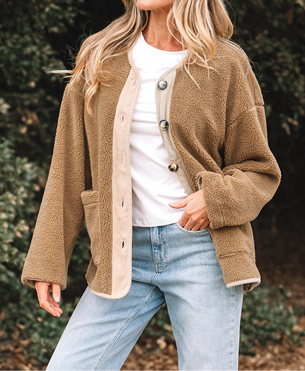 Corduroy Edge Patchwork Jacket with Big Pockets