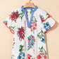 Floral Print Contrast V Neck Tassel Tie Lace Detail Short Sleeve Blouse