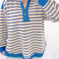 Stripe Buttoned V Neck Collared Top