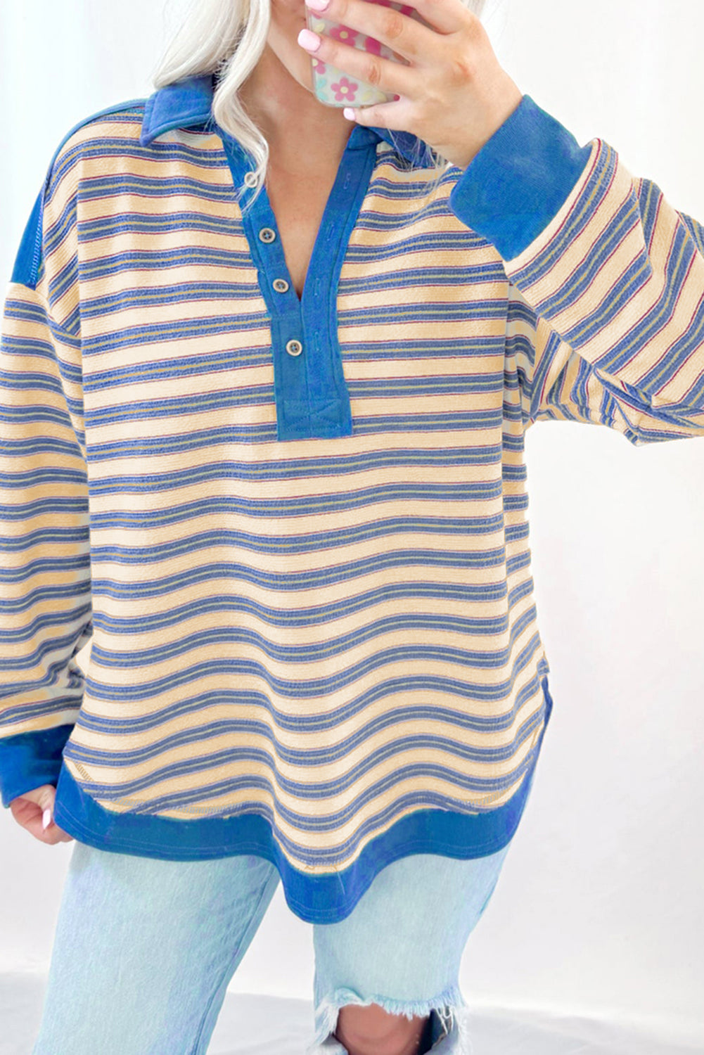 Stripe Buttoned V Neck Collared Top