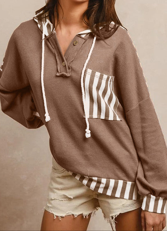 Waffle Texture Striped Patchwork Button Neck Drawstring Hoodie