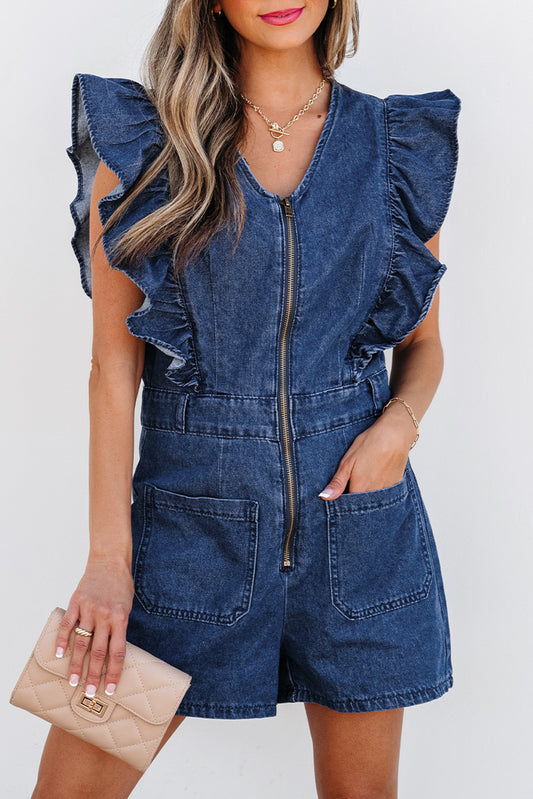 Denim Ruffled Zipped Romper