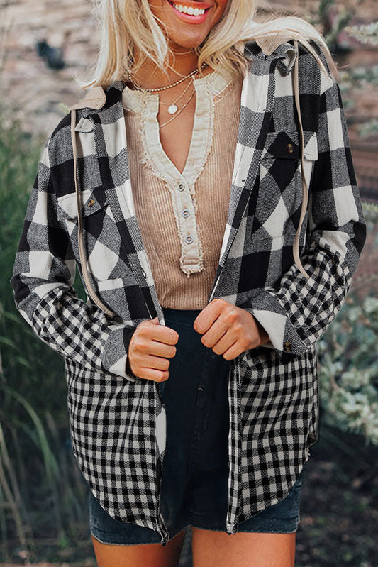 Double Plaid Patchwork Drawstring Hooded Shacket