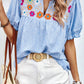 Floral Embroidered Puff Sleeve Notched V Neck Blouse
