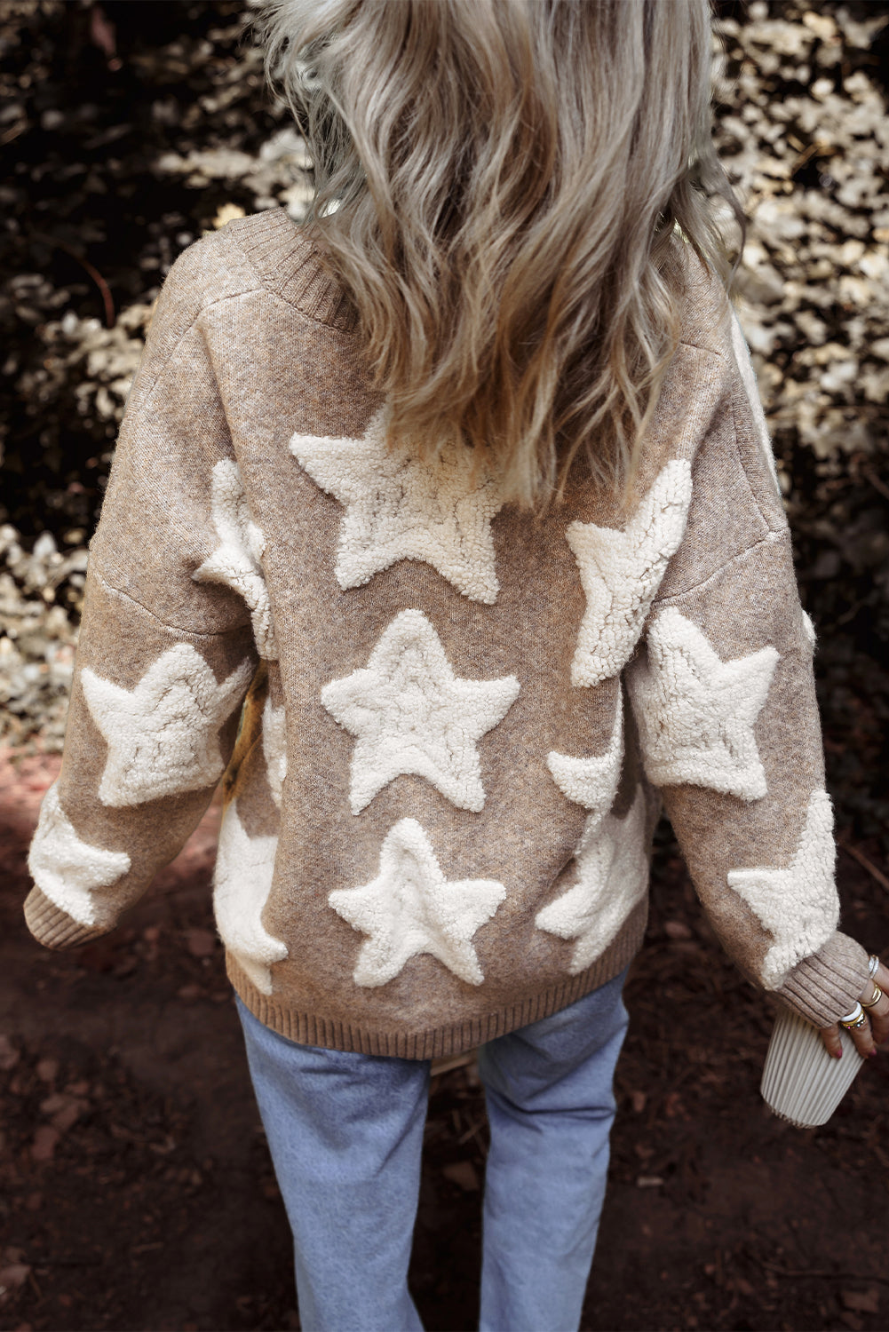 Star Textured Sweater Pockets Cardigan