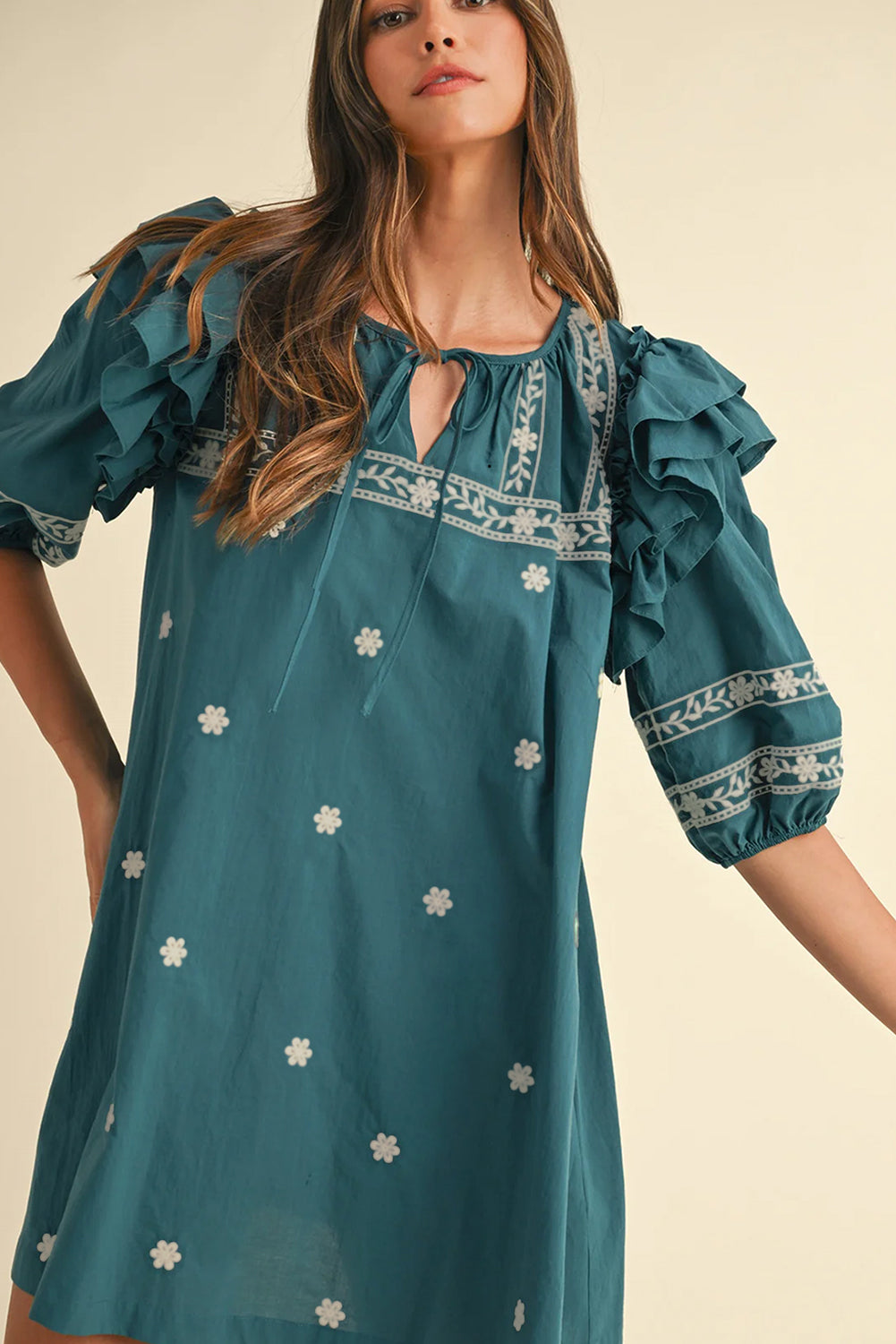 Boho Floral Ruffle Puff Sleeve Lace-up V Neck Mini Dress