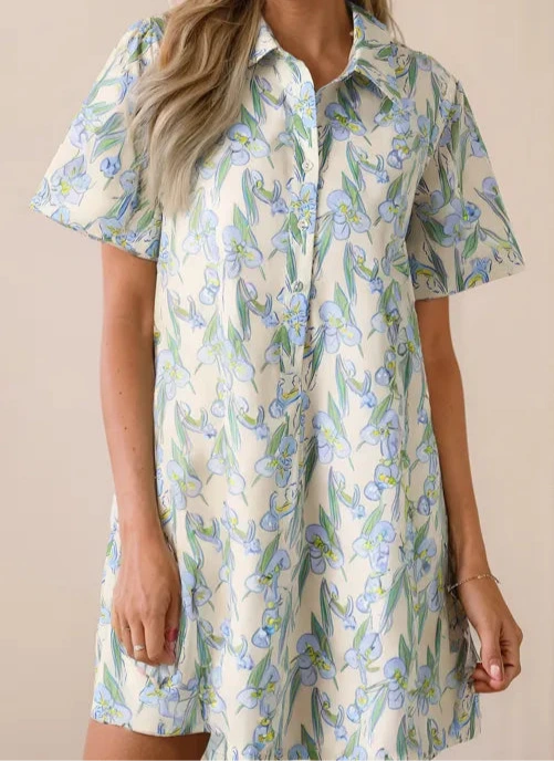 Green Floral Print Shirtcollar Buttoned Short Sleeve Shift Dress