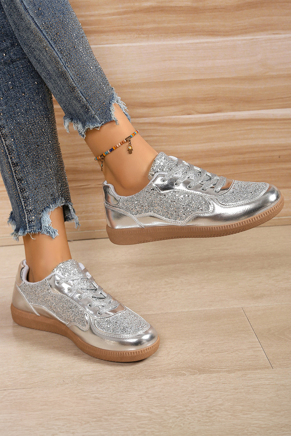 Glitter Lace Up Sequin Round Toe Flat Shoes