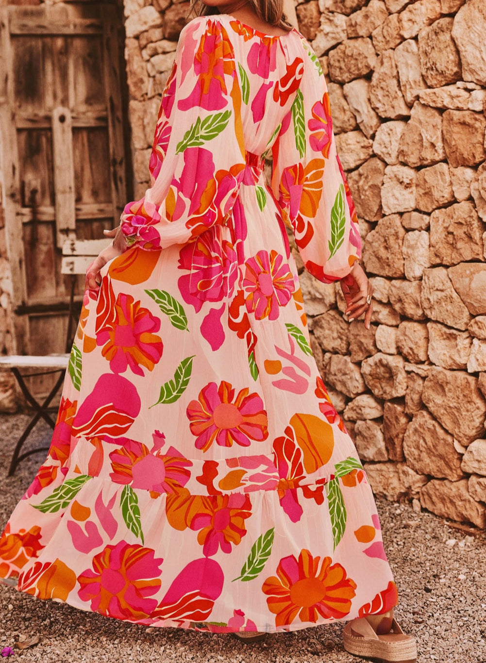 Floral Print Smocked Detail V Neck Puff Sleeve Flowy Maxi Dress