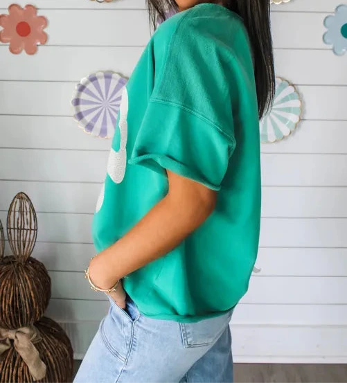 Sea Green Lace Bow Raw Edge Drop Shoulder Casual T Shirt